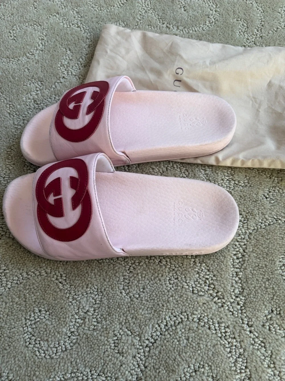 Authentic Gucci Light Pink Slides with Red Logo Emblem